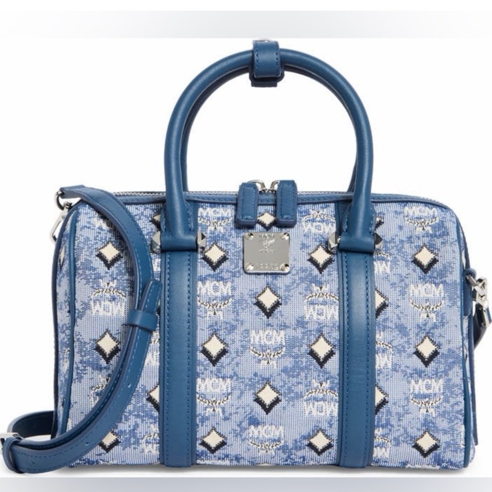 MCM NWT Blue Denim Logo Jacquard Leather Trim Boston Satchel/Crossbody